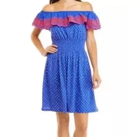 NWT Lilly Pulitzer XS Off The Shoulder Blue Pink Embroidered Kalama Mini Dress - Picture 4 of 11